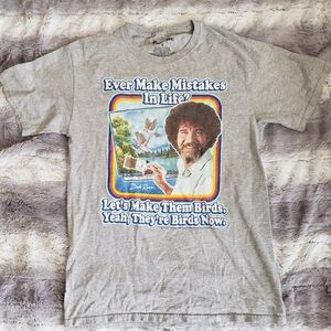 Bob Ross Graphic Tee - Gray "Let's Make Them Birds" Small Kids